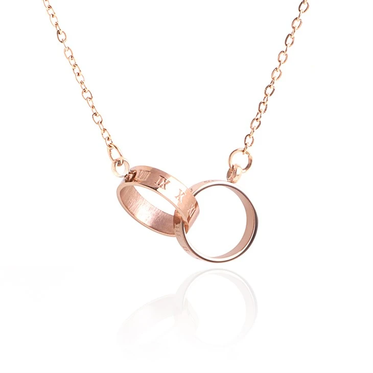 Rose Gold Roman Numeral Double Ring Interlocking Pendant Necklace Rose Gold Roman Numeral Double Ring Interlocking Pendant Necklace